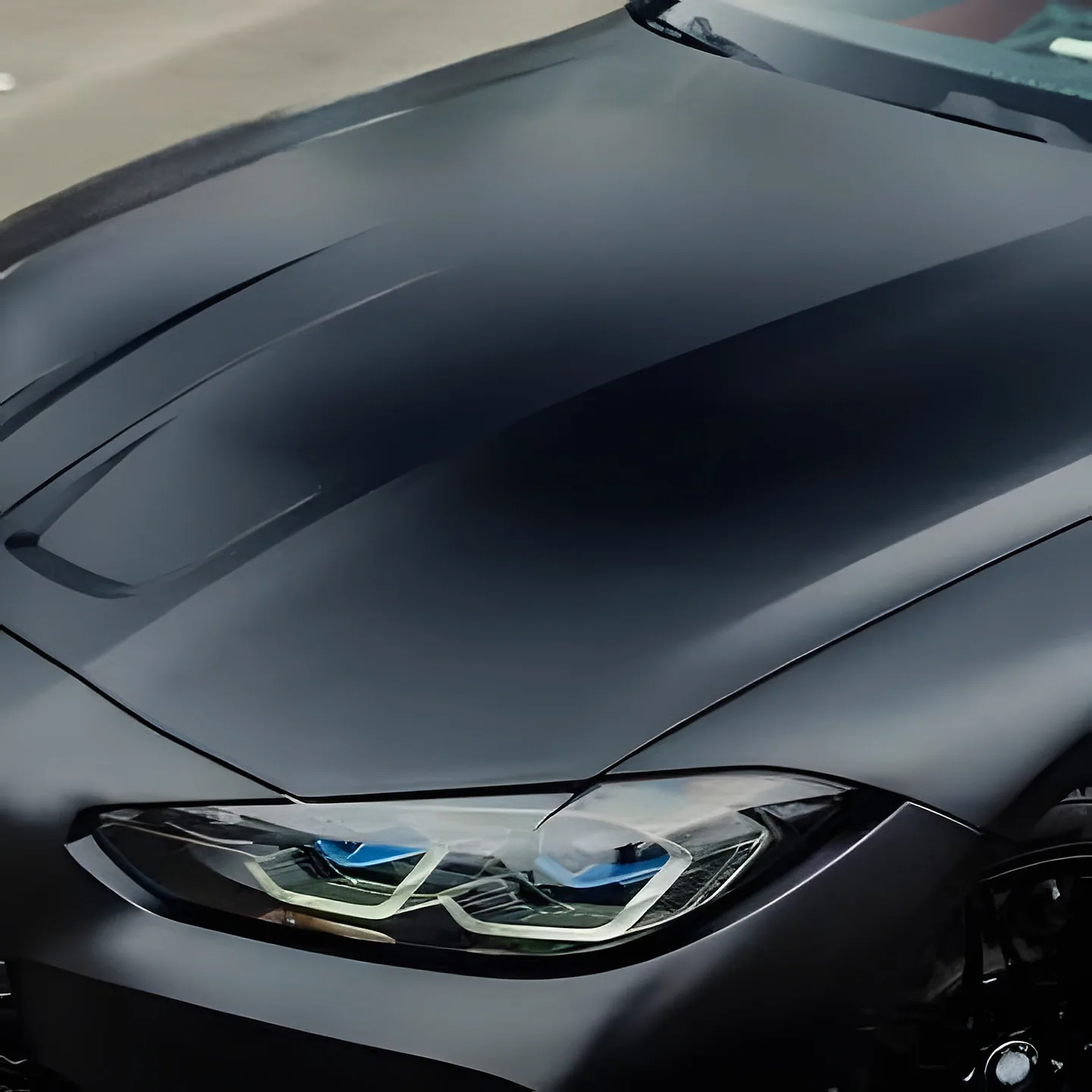 Satin-black bonnet and headlamp of a car in daylight