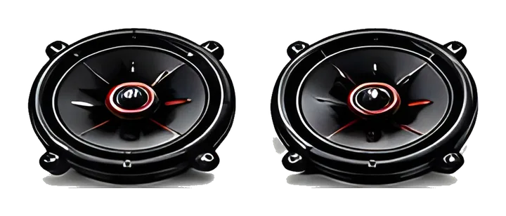 A pair of black car speakers with red accents