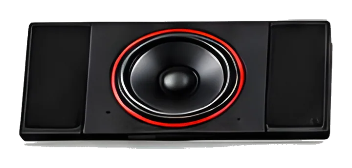 Black subwoofer box with a red-ringed speaker